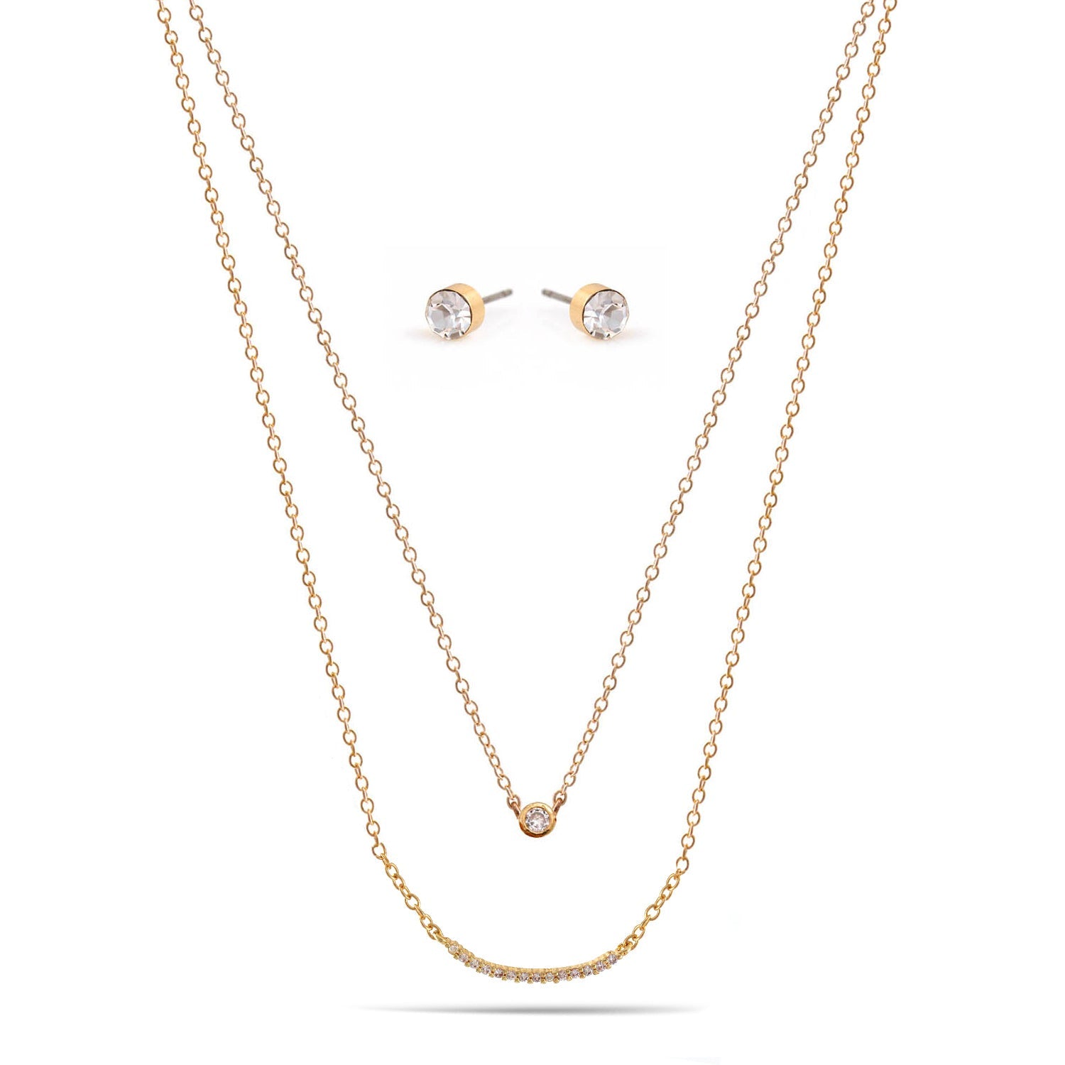 Gold Crystal Bar Small Pendant Adjustable Length Chain Layer Necklace And Crystal Earrings Set