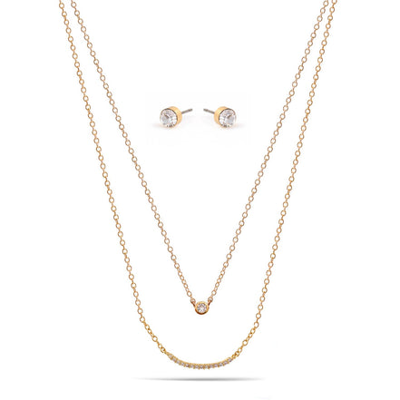 Gold Crystal Bar Small Pendant Adjustable Length Chain Layer Necklace And Crystal Earrings Set