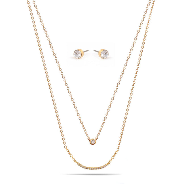 Gold Crystal Bar Small Pendant Adjustable Length Chain Layer Necklace And Crystal Earrings Set