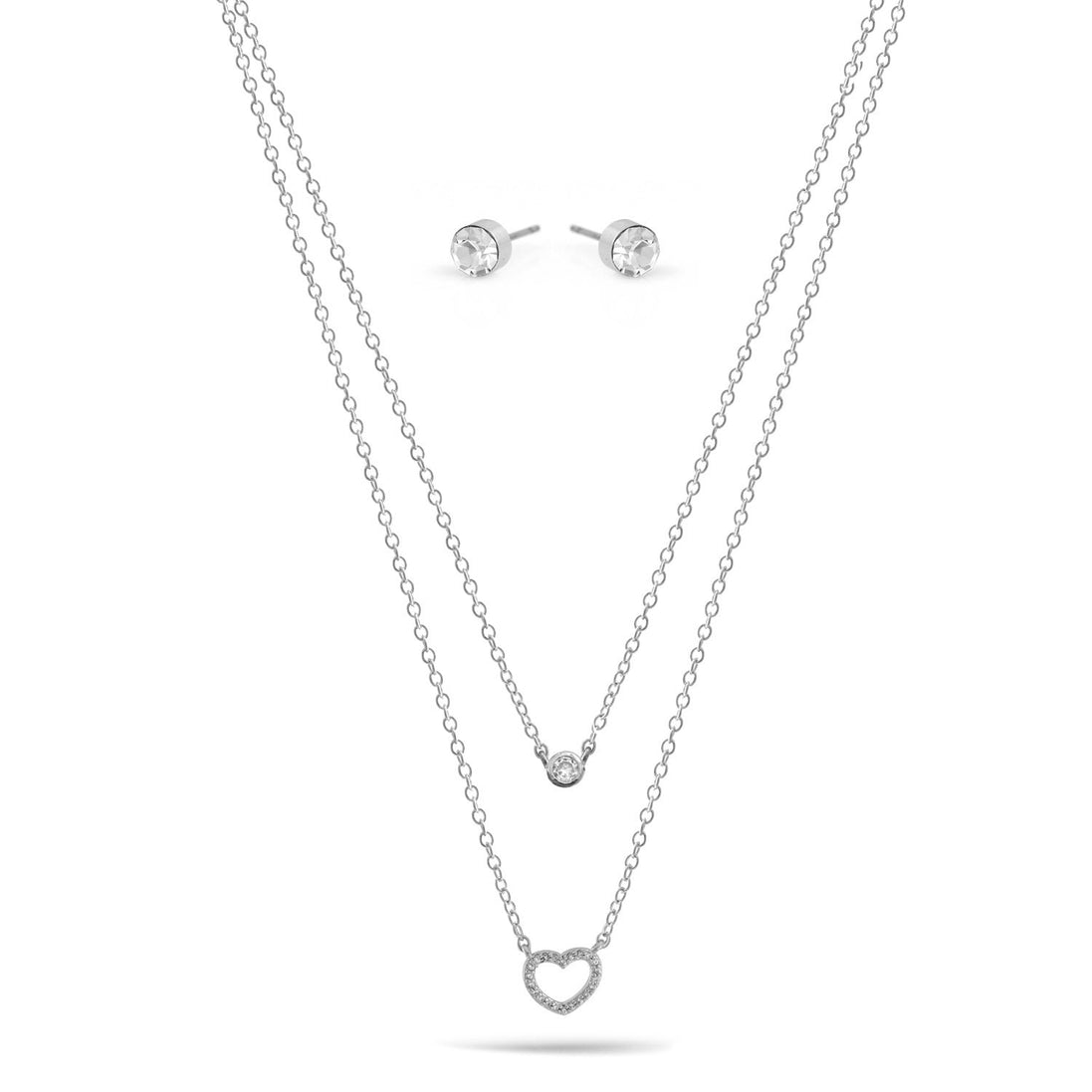 Silver Crystal Open Heart  Small Pendant Adjustable Length Chain Layer Necklace And Crystal Earrings Set