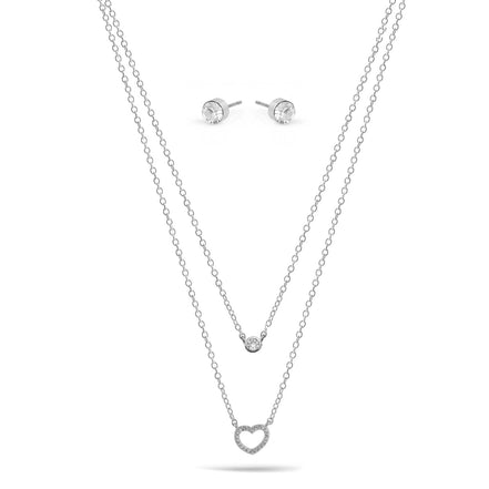 Silver Crystal Open Heart  Small Pendant Adjustable Length Chain Layer Necklace And Crystal Earrings Set
