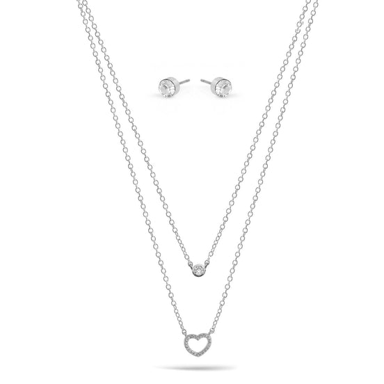 Silver Crystal Open Heart  Small Pendant Adjustable Length Chain Layer Necklace And Crystal Earrings Set