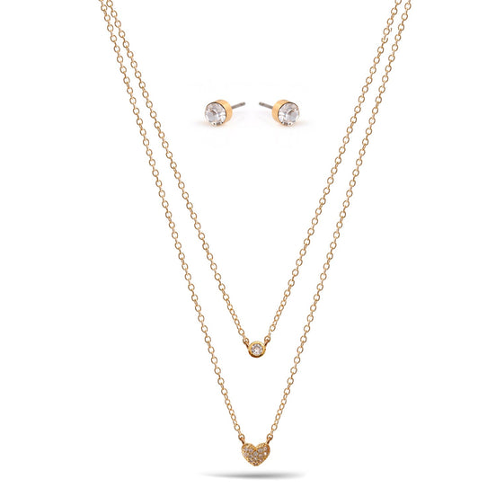 Gold Crystal Heart Small Pendant Adjustable Length Chain Layer Necklace And Crystal Earrings Set