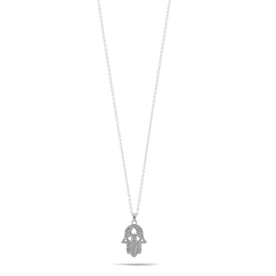 Rhodium Hamsa Hand Crystal Pendant Adjustable Length Chain Necklace