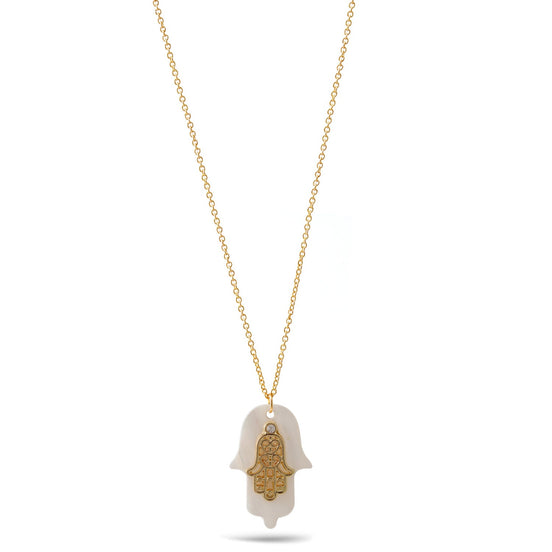 Gold And Mother Of Pearl Hamsa Hand Pendant Adjustable Length Gold Chain Necklace