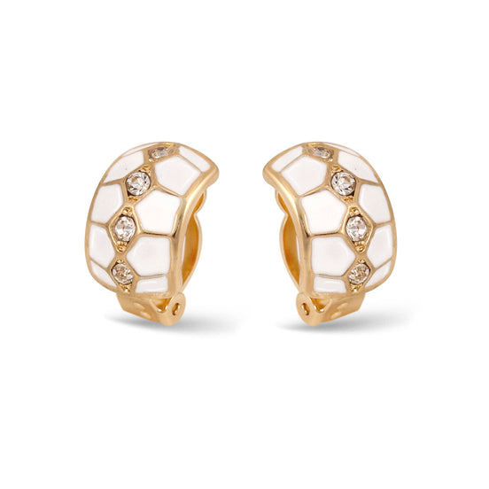 White Epoxy Gold Crystal Clip-On Earrings
