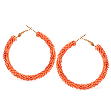 Coral Seed Bead Wrapped Round Hoop Post Earrings
