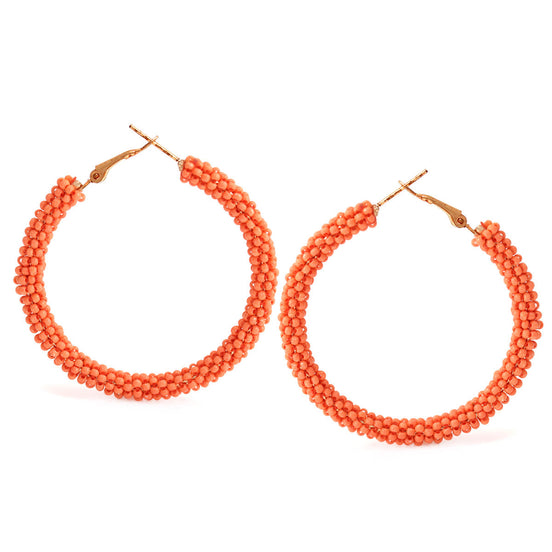 Coral Seed Bead Wrapped Round Hoop Post Earrings