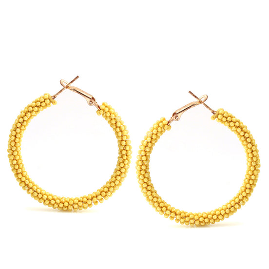 Yellow Seed Bead Wrapped Round Hoop Post Earrings