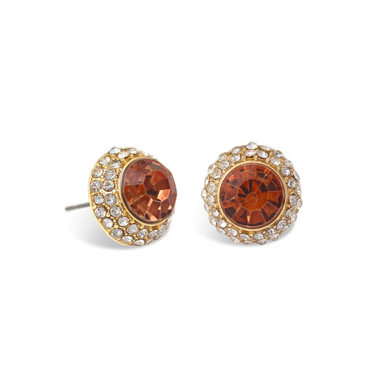 Dark Citrine Round Crystal Rhinestone Gold Post Earrings