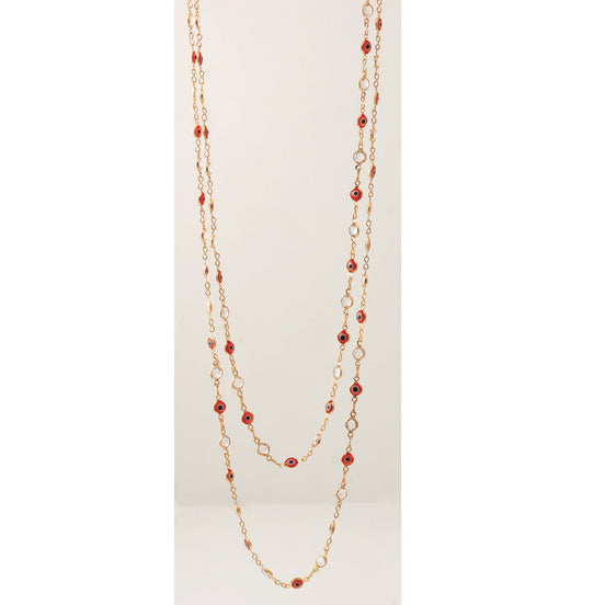 Gold Red Evil Eye Crystal Long Necklace