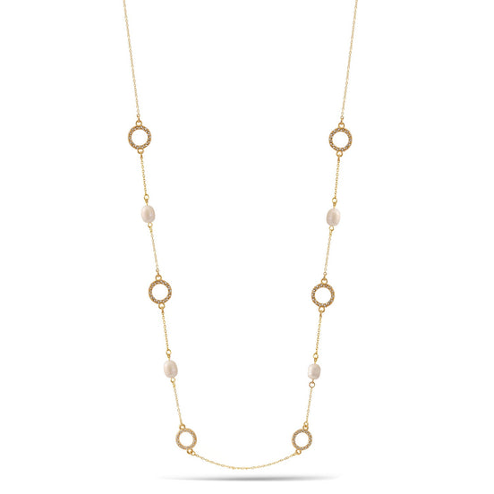 Gold Round Crystal And Cream Pearl Adjustable Length Chain Long Necklace