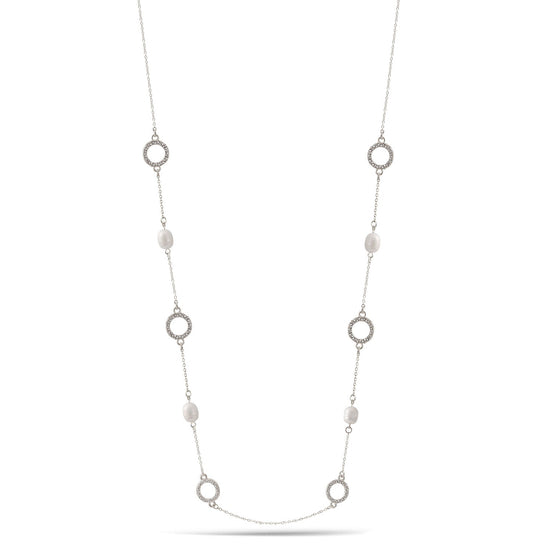 Silver Round Crystal And Cream Pearl Adjustable Length Chain Long Necklace
