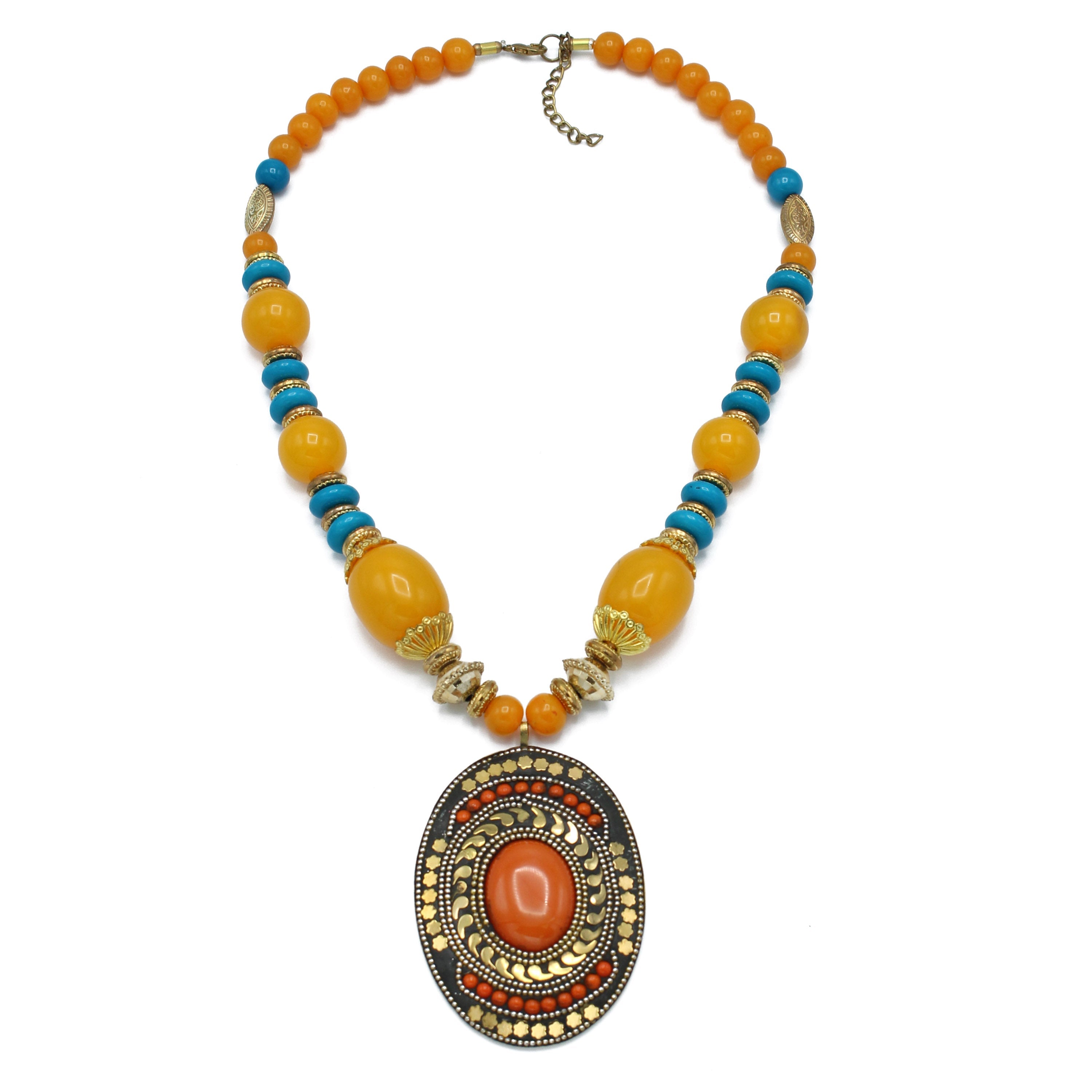 FWNK-1907-16 Gold amber turquoise Statement necklace (IF18)