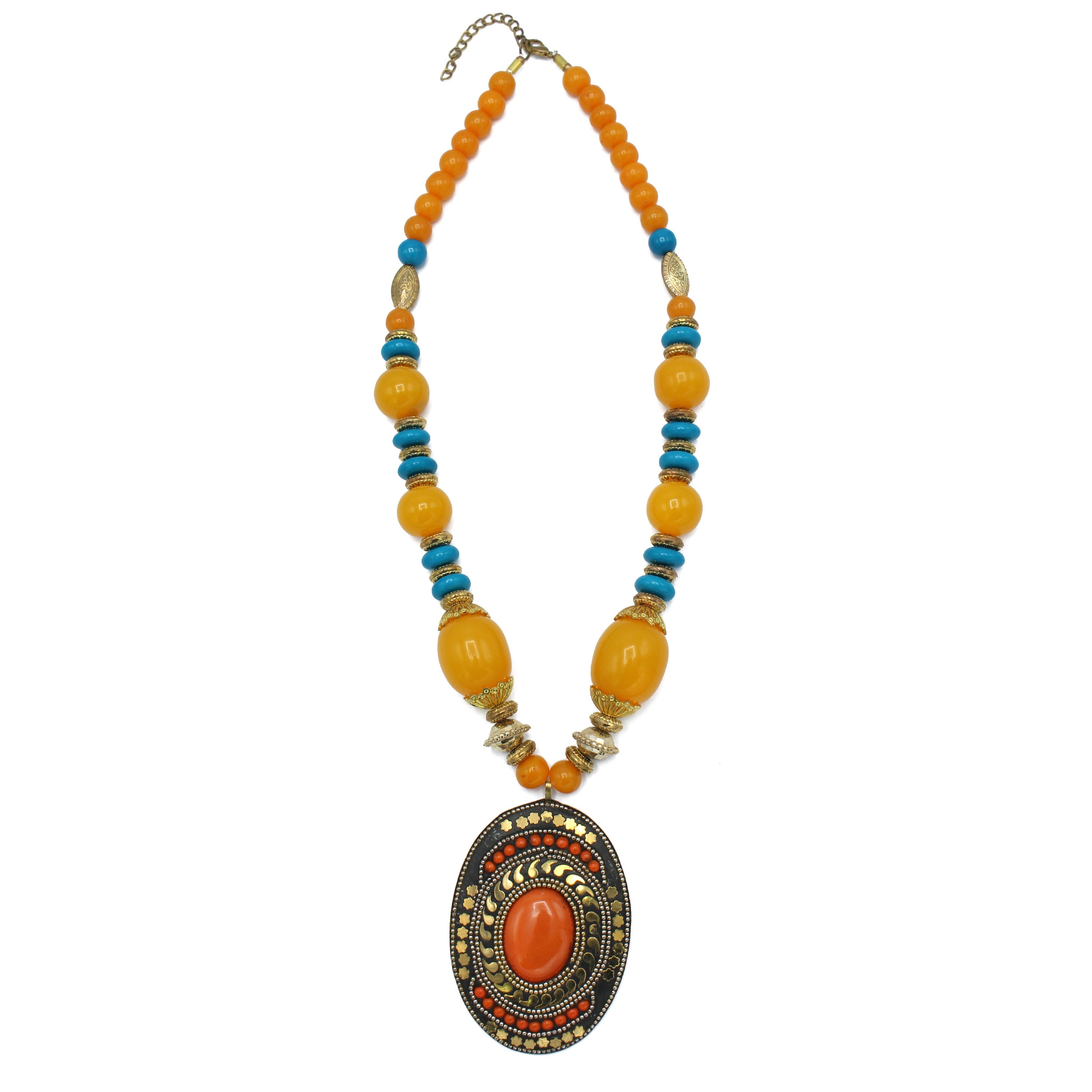 FWNK-1907-16 Gold amber turquoise Statement necklace (IF18)