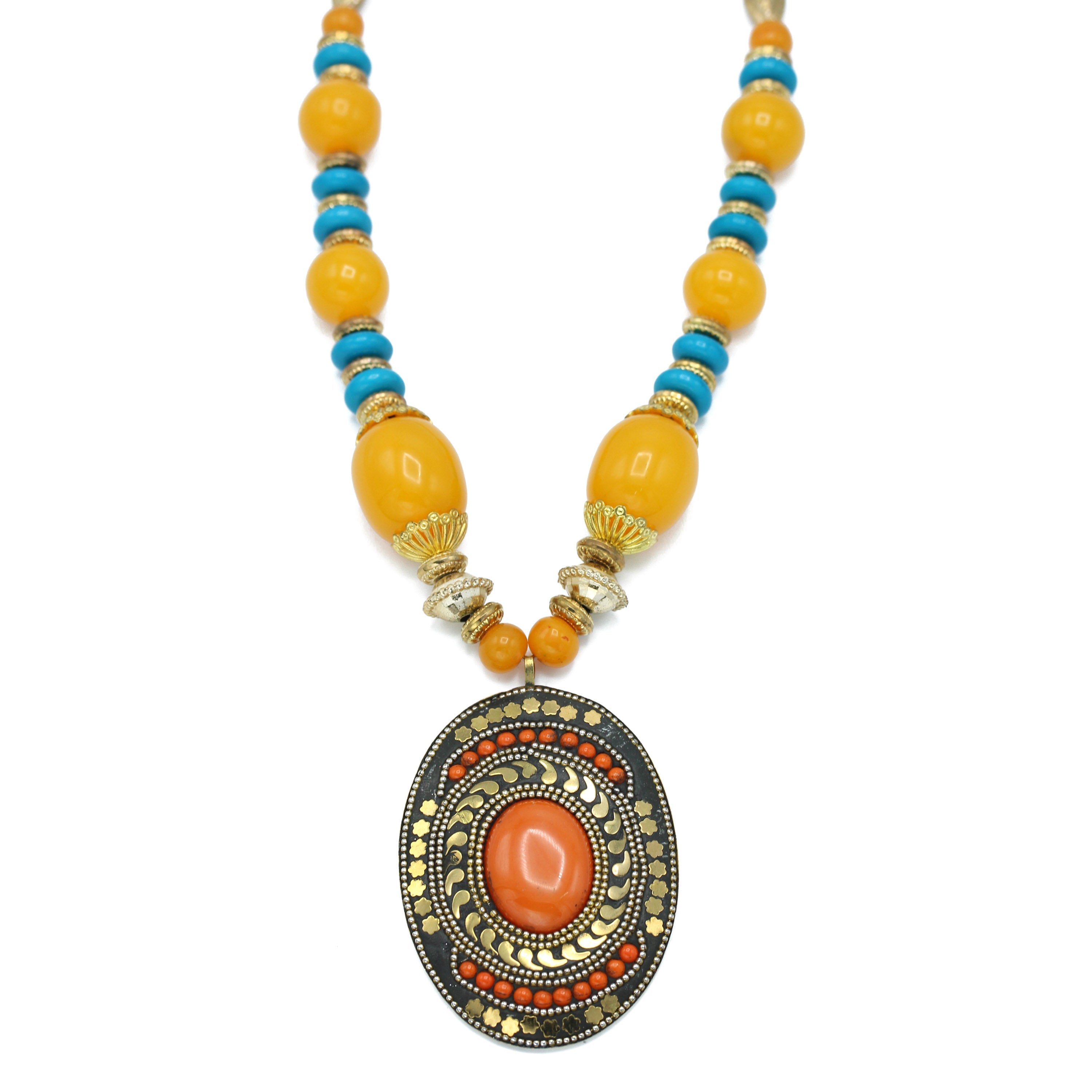 FWNK-1907-16 Gold amber turquoise Statement necklace (IF18)