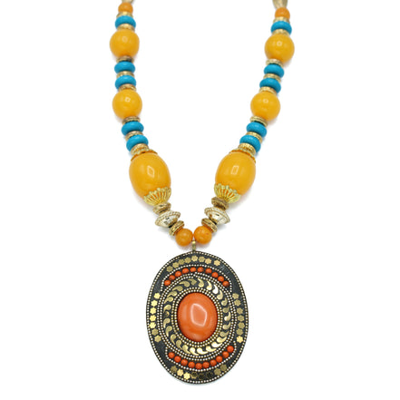 FWNK-1907-16 Gold amber turquoise Statement necklace (IF18)
