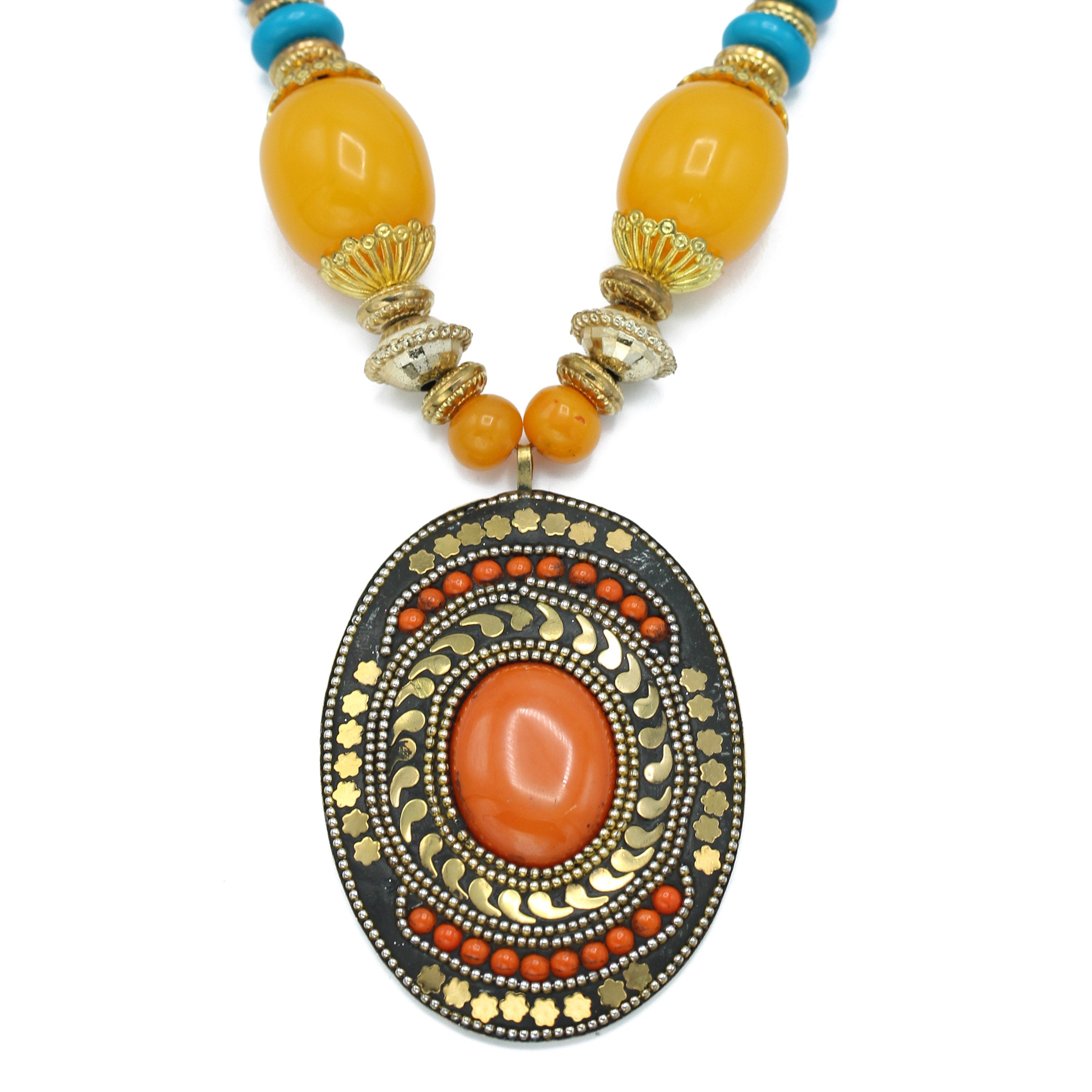 FWNK-1907-16 Gold amber turquoise Statement necklace (IF18)