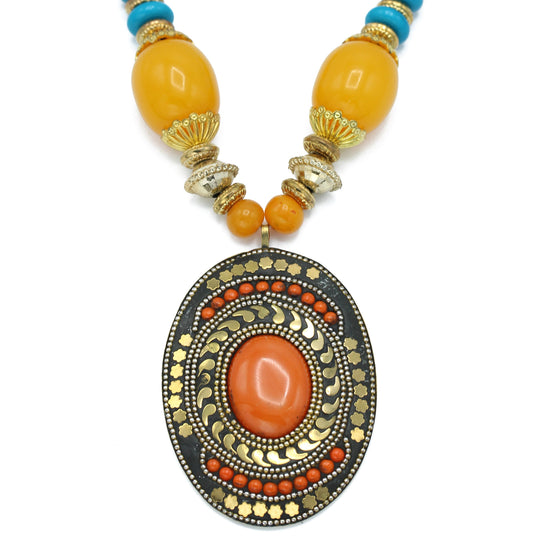 FWNK-1907-16 Gold amber turquoise Statement necklace (IF18)