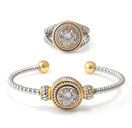 TWO TONE WHITE CRYSTAL CUFF BRACELET AND RING SET #JJSET-1963CL (AC23)