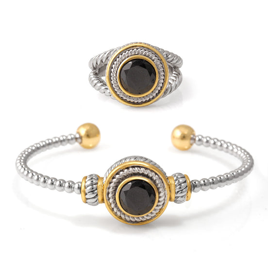 Silver And Gold  Bracelet And Back Crystal Size 7 Ring Set