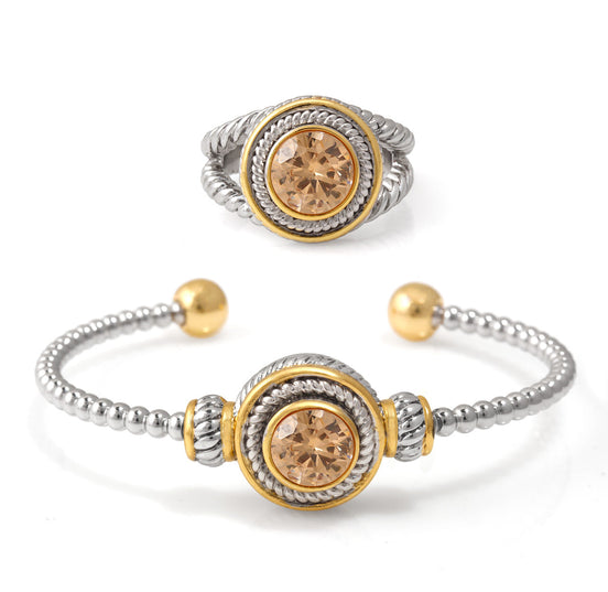 Silver And Gold  Bracelet And Champagne Crystal Size 7 Ring Set
