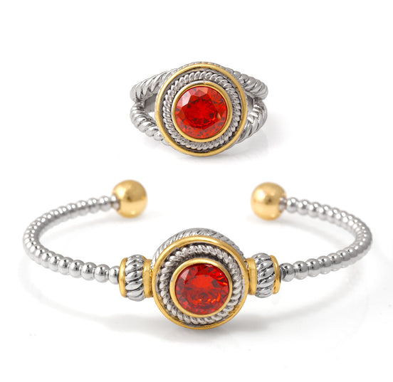 Silver And Gold  Bracelet And Garnet Crystal Size 7 Ring Set