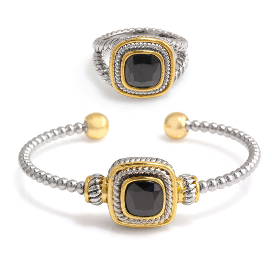 Silver And Gold Bracelet And Back Crystal Size 7 Square Ring Set