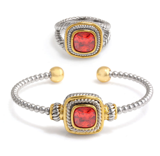 Silver And Gold Bracelet And Garnet Crystal Size 7 Ring Set