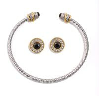 TWO TONE CRYSTAL CABLE CUFF BRACELET AND EARRINGS SET #JJSET-1961 (AI24)