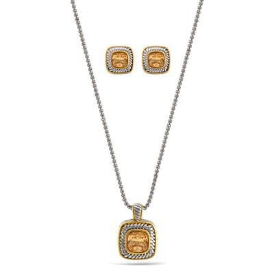 TWO TONE CHAMPAGNE CRYSTAL SQUARE PENDANT NECK & EARS SET #JJSET-1959CHM (AG22)
