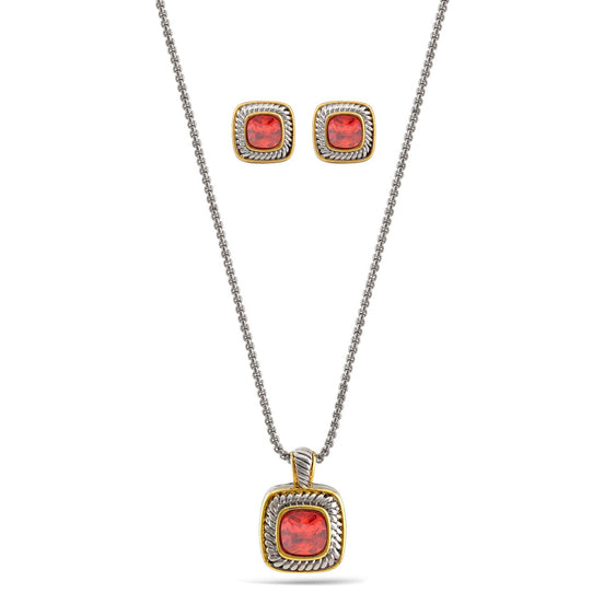 Two Tone Garnet Crystal  0.8" Inch Square Pendant Adjustable Length Chain Necklace And Earrings Set