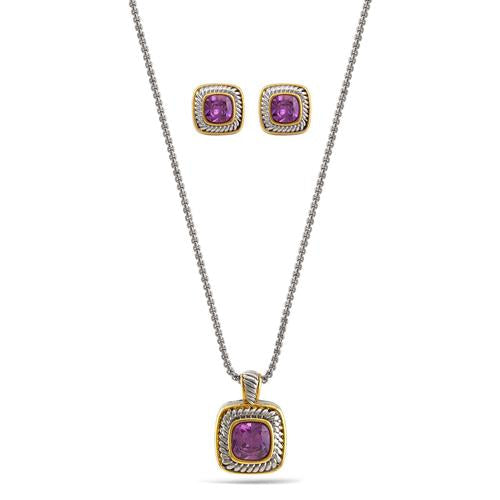 TWO TONE AMETHYST CRYSTAL SQUARE PENDANT NECKLACE AND EARRINGS SET #JJSET-1959AM