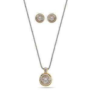 TWO TONE CRYSTAL ROUND PENDANT NECKLACE AND EARRINGS SET #JJSET-1958 (AE22)