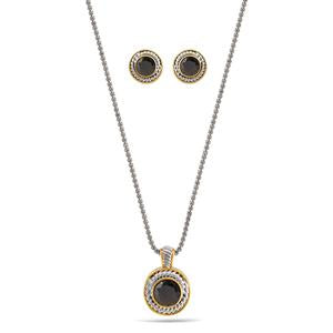 TWO TONE CRYSTAL ROUND PENDANT NECKLACE AND EARRINGS SET #JJSET-1958 (AE22)