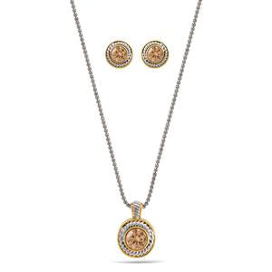 TWO TONE CRYSTAL ROUND PENDANT NECKLACE AND EARRINGS SET #JJSET-1958 (AE22)