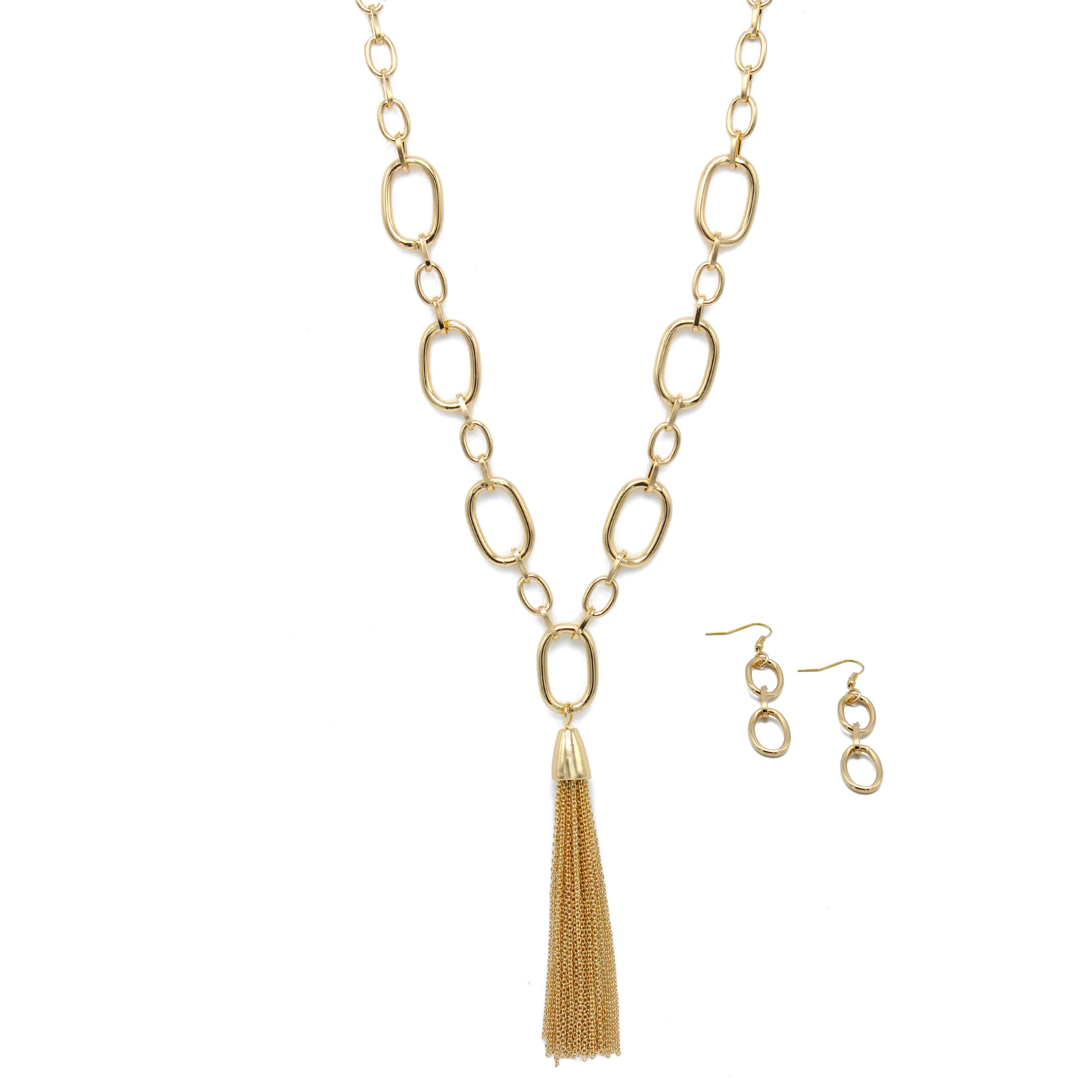 GOLD RECTANGLE LINK CHAIN TASSEL NECKLACE AND EARRING SET #SQ321-11088G