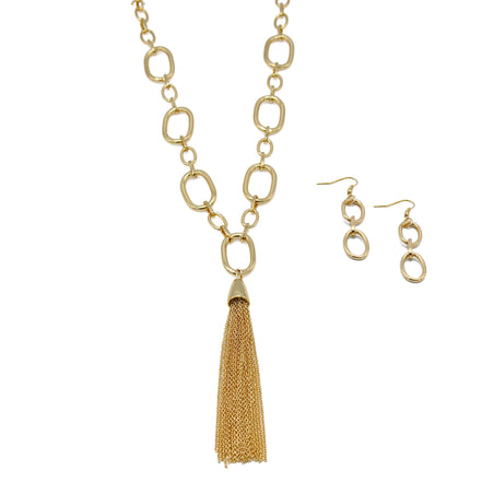 GOLD RECTANGLE LINK CHAIN TASSEL NECKLACE AND EARRING SET #SQ321-11088G