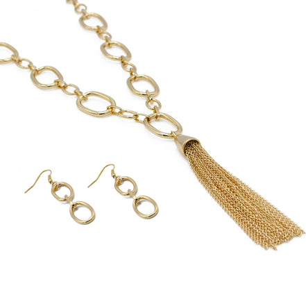 GOLD RECTANGLE LINK CHAIN TASSEL NECKLACE AND EARRING SET #SQ321-11088G