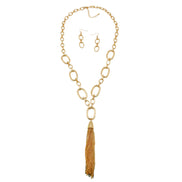 GOLD RECTANGLE LINK CHAIN TASSEL NECKLACE AND EARRING SET #SQ321-11088G