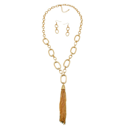 GOLD RECTANGLE LINK CHAIN TASSEL NECKLACE AND EARRING SET #SQ321-11088G