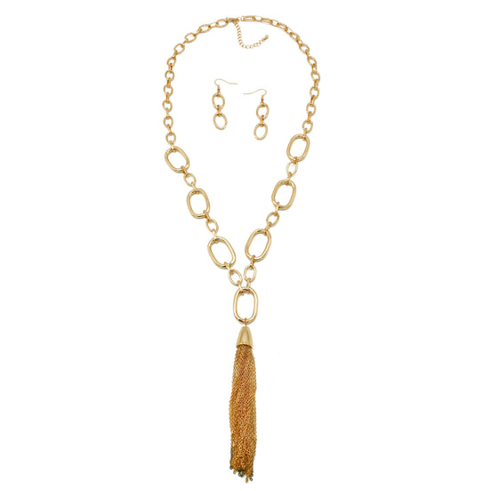GOLD RECTANGLE LINK CHAIN TASSEL NECKLACE AND EARRING SET #SQ321-11088G