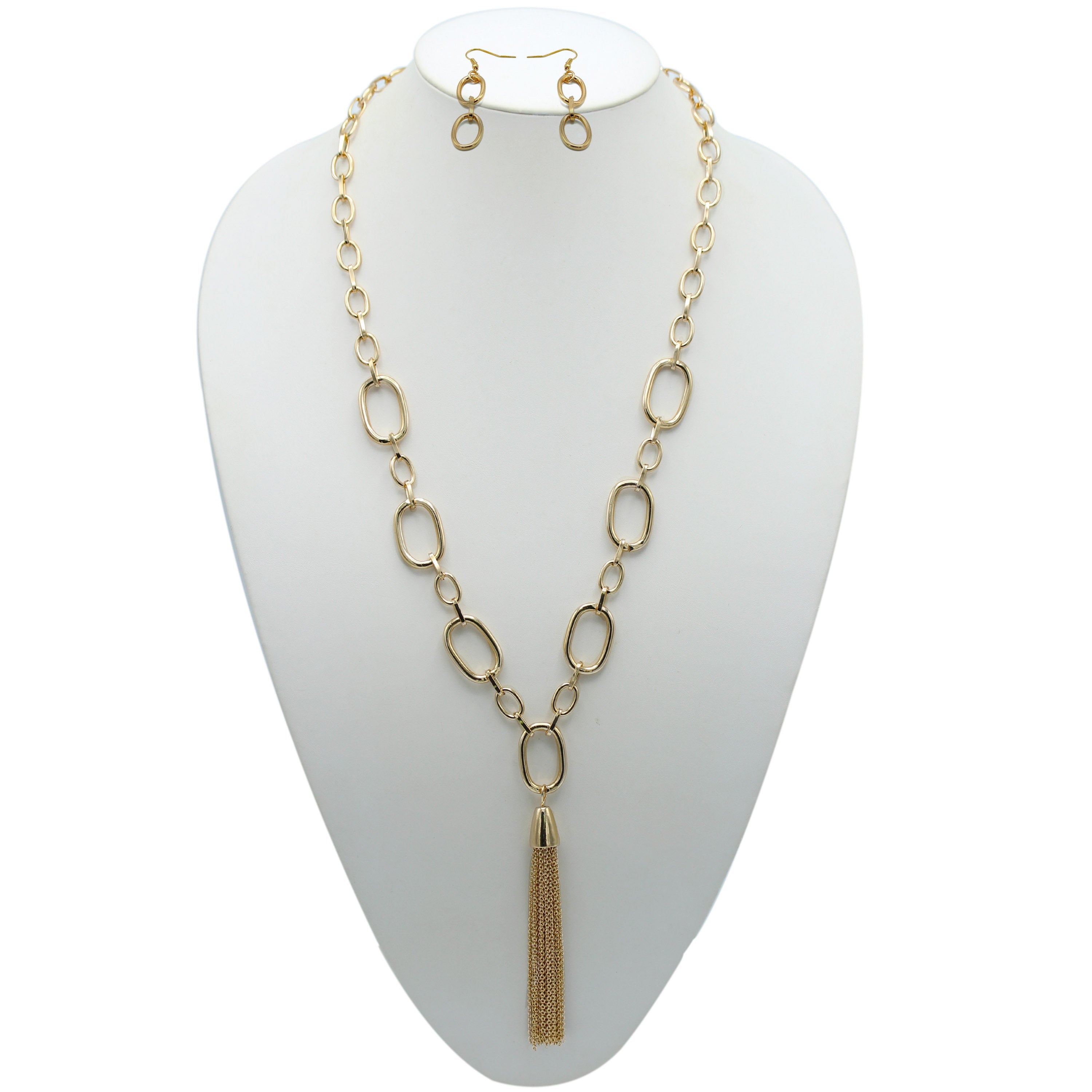 GOLD RECTANGLE LINK CHAIN TASSEL NECKLACE AND EARRING SET #SQ321-11088G
