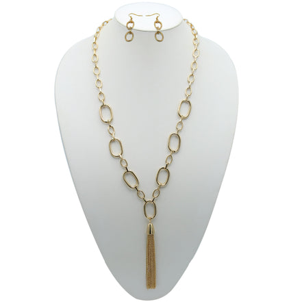GOLD RECTANGLE LINK CHAIN TASSEL NECKLACE AND EARRING SET #SQ321-11088G