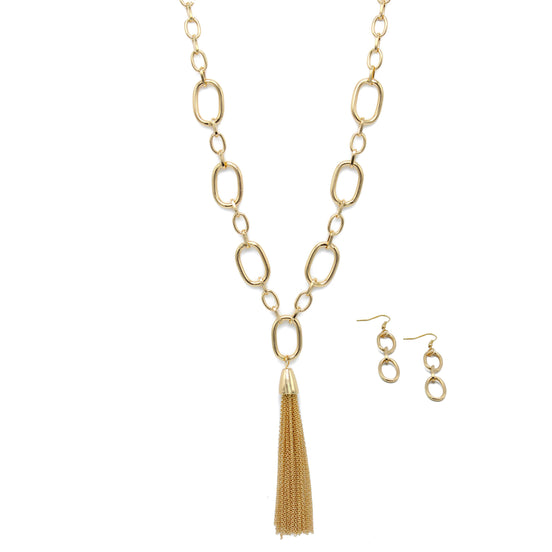 GOLD RECTANGLE LINK CHAIN TASSEL NECKLACE AND EARRING SET #SQ321-11088G