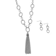SILVER RECTANGLE LINK CHAIN TASSEL NECKLACE AND EARRING SET #SQ321-11088S
