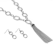SILVER RECTANGLE LINK CHAIN TASSEL NECKLACE AND EARRING SET #SQ321-11088S