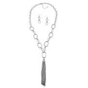 SILVER RECTANGLE LINK CHAIN TASSEL NECKLACE AND EARRING SET #SQ321-11088S