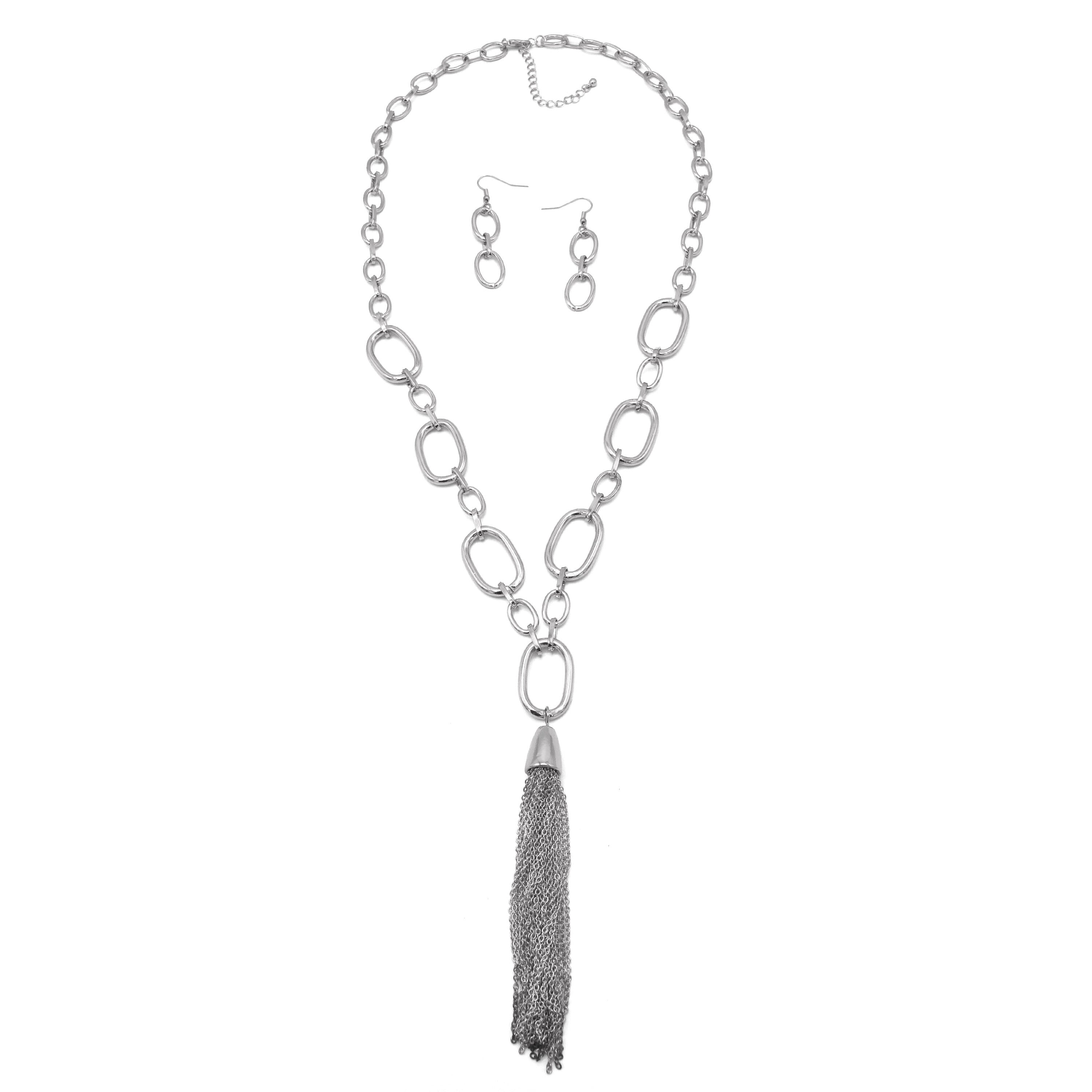 SILVER RECTANGLE LINK CHAIN TASSEL NECKLACE AND EARRING SET #SQ321-11088S