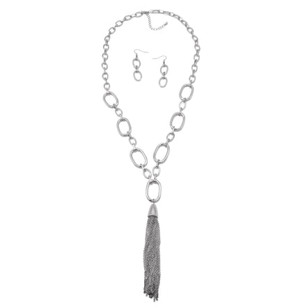 SILVER RECTANGLE LINK CHAIN TASSEL NECKLACE AND EARRING SET #SQ321-11088S